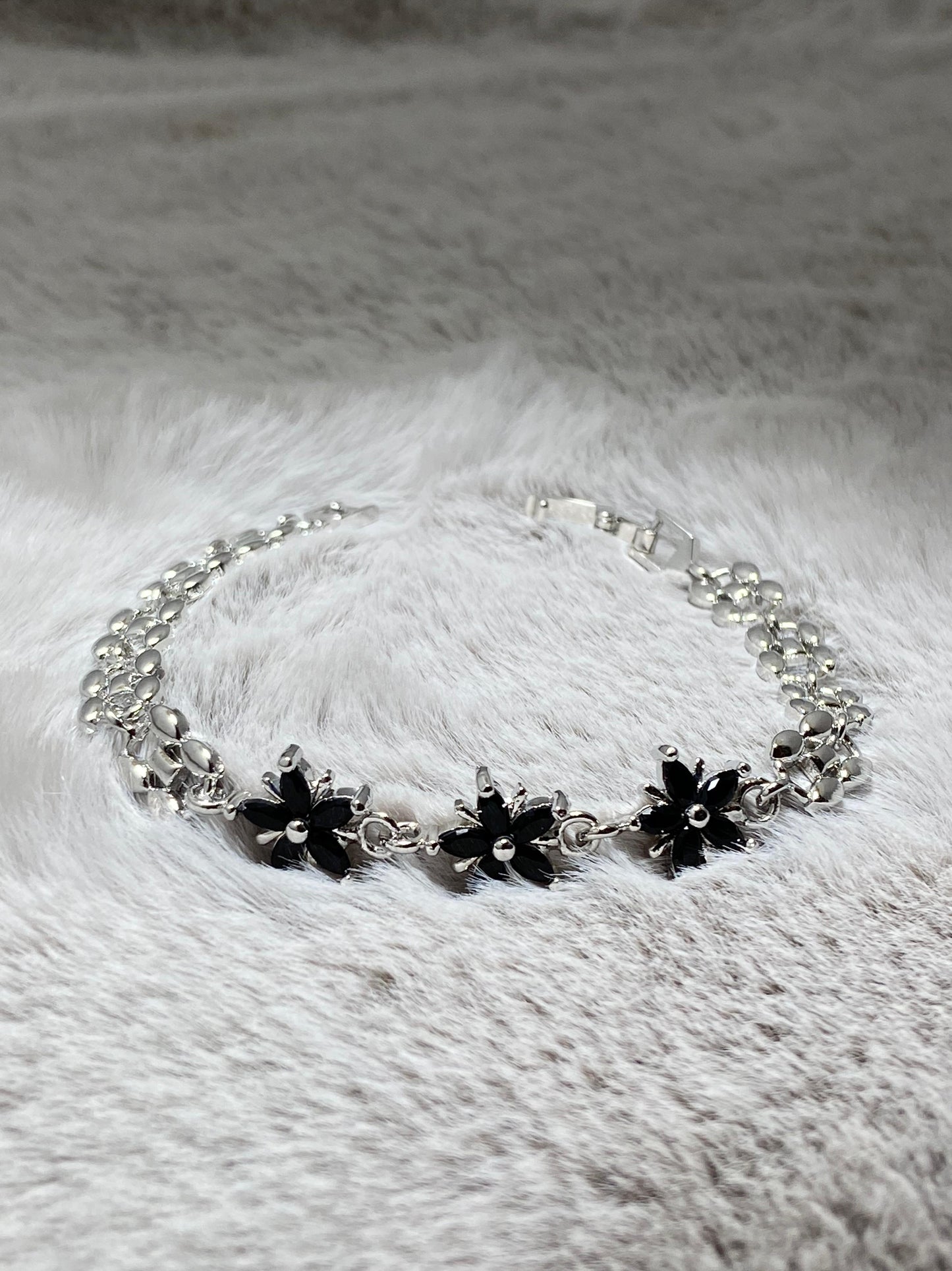 Silver Floral Bracelet with Black Crystals
