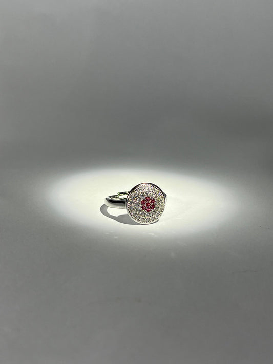 Chic Silver & Red Floral Adjustable Ring