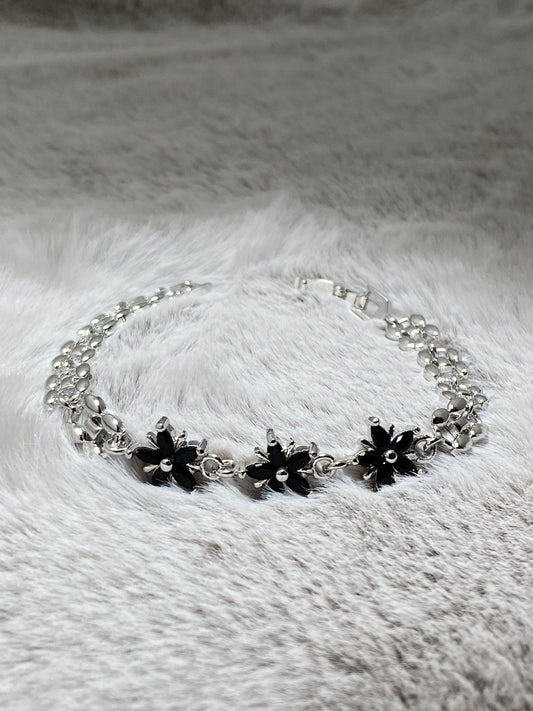 Silver Floral Bracelet with Black Crystals