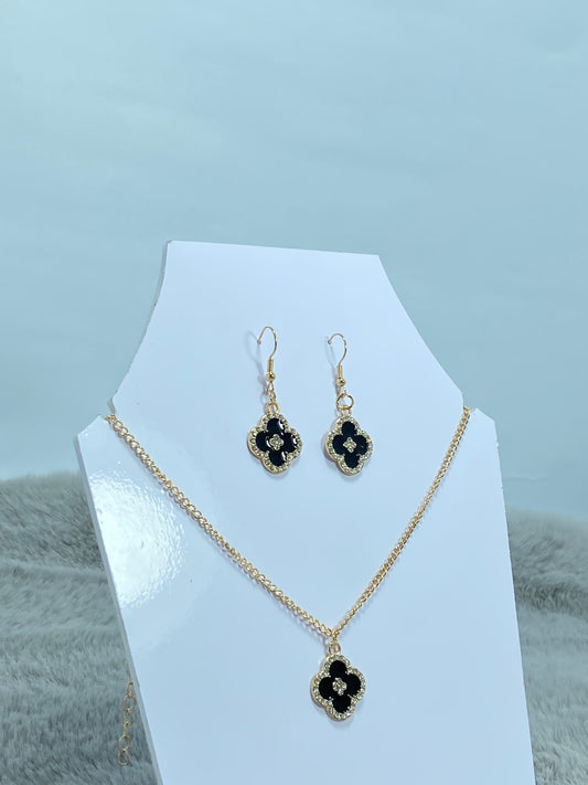Gold-Tone Black Clover Necklace & Earring Set